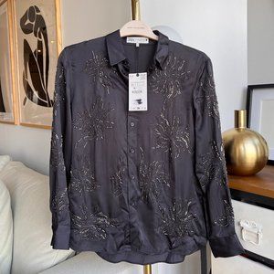 NWT Zara beaded embellished satin button up shirt